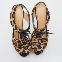 Pre Owned Charlotte Olympia Beige Leopard Calfhair Lace Up Platform Sandals 38