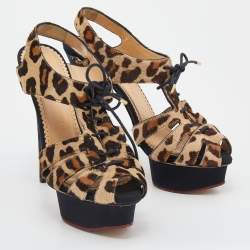 Pre Owned Charlotte Olympia Beige Leopard Calfhair Lace Up Platform Sandals 38