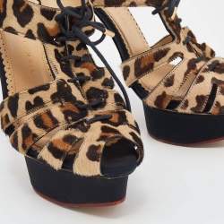 Pre Owned Charlotte Olympia Beige Leopard Calfhair Lace Up Platform Sandals 38