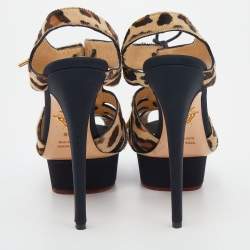 Pre Owned Charlotte Olympia Beige Leopard Calfhair Lace Up Platform Sandals 38