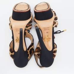Pre Owned Charlotte Olympia Beige Leopard Calfhair Lace Up Platform Sandals 38