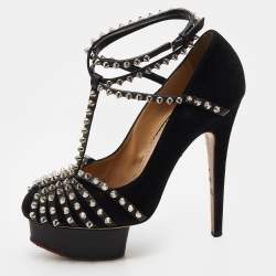 Charlotte Olympia Black Suede Studded Strappy Ankle Strap Platform Sandals Size 38