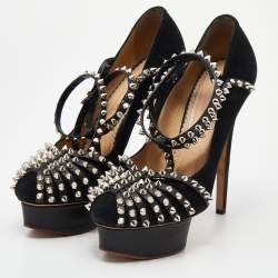 Charlotte Olympia Black Suede Studded Strappy Ankle Strap Platform Sandals Size 38