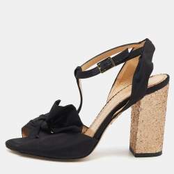 Charlotte Olympia Black Fabric Glitter Block Heel T Strap Sandals Size 37