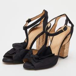 Charlotte Olympia Black Fabric Glitter Block Heel T Strap Sandals Size 37
