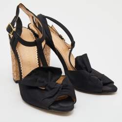 Charlotte Olympia Black Fabric Glitter Block Heel T Strap Sandals Size 37