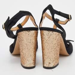Charlotte Olympia Black Fabric Glitter Block Heel T Strap Sandals Size 37