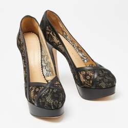 Charlotte Olympia Black Leather And Lace Platform Pumps Size 38.5