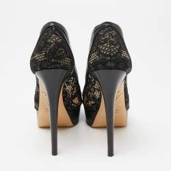 Charlotte Olympia Black Leather And Lace Platform Pumps Size 38.5