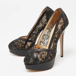 Charlotte Olympia Black Leather And Lace Platform Pumps Size 38.5