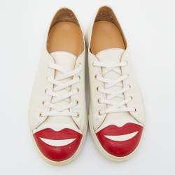 Pre Owned Charlotte Olympia White Leather Kiss me Low Top Sneakers Size 38