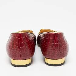 Pre Owned Charlotte Olympia Dark Red Croc Embossed Leather Kitty Ballet Flats Size 37.5 
