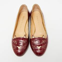 Pre Owned Charlotte Olympia Dark Red Croc Embossed Leather Kitty Ballet Flats Size 37.5 