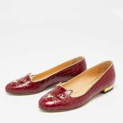 Pre Owned Charlotte Olympia Dark Red Croc Embossed Leather Kitty Ballet Flats Size 37.5 