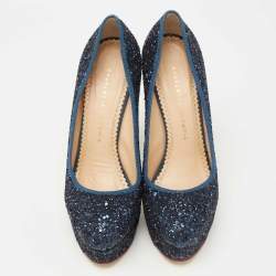 Pre Owned حذاء كعب عالي شارلوت أوليمبيا بريسيلا غليتر أزرق كحلي نعل سميك مقاس 38