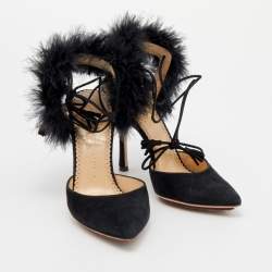 Charlotte Olympia Black Ostrich Feather and Suede Sandals Size 36