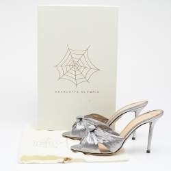 Charlotte Olympia Metallic Silver Fabric Farrah Knot Sandals Size 38