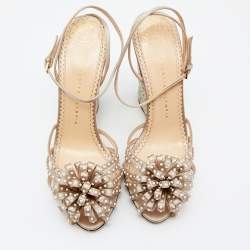 Charlotte Olympia Beige Satin Embellished Wedge Sandals Size 40