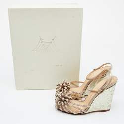 Charlotte Olympia Beige Satin Embellished Wedge Sandals Size 40