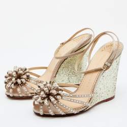 Charlotte Olympia Beige Satin Embellished Wedge Sandals Size 40