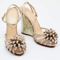 Charlotte Olympia Beige Satin Embellished Wedge Sandals Size 40