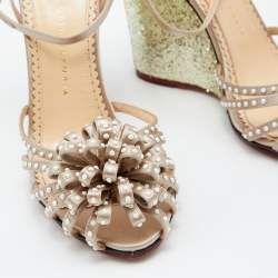 Charlotte Olympia Beige Satin Embellished Wedge Sandals Size 40