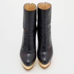 Pre Owned Charlotte Olympia Black Leather Ankle Length Boots Size 37
