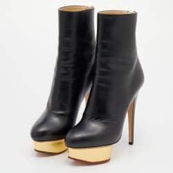 Pre Owned Charlotte Olympia Black Leather Ankle Length Boots Size 37
