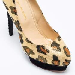 Charlotte Olympia Gold Leopard Print Glitter Suede Dolly  Pumps Size 39