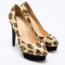 Charlotte Olympia Gold Leopard Print Glitter Suede Dolly  Pumps Size 39