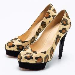 Charlotte Olympia Gold Leopard Print Glitter Suede Dolly  Pumps Size 39