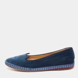 Charlotte Olympia Blue Velvet Kitty Smoking Slippers Size 39