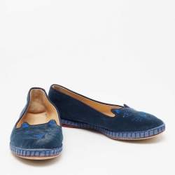 Charlotte Olympia Blue Velvet Kitty Smoking Slippers Size 39
