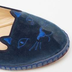 Charlotte Olympia Blue Velvet Kitty Smoking Slippers Size 39
