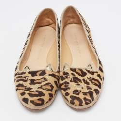 Pre Owned Charlotte Olympia Beige/Brown Leopard Print Calf Hair kitty Flats Size 39