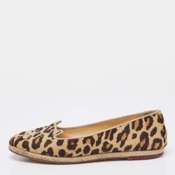 Charlotte Olympia Beige/Brown Leopard Print Calf Hair kitty Flats Size 39