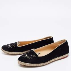 Charlotte Olympia Black Velvet Kitty Slip On Loafers Size 39