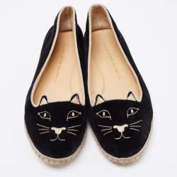 Charlotte Olympia Black Velvet Kitty Slip On Loafers Size 39