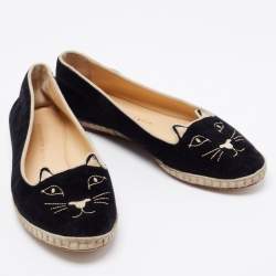 Charlotte Olympia Black Velvet Kitty Slip On Loafers Size 39