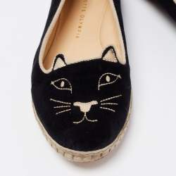 Charlotte Olympia Black Velvet Kitty Slip On Loafers Size 39