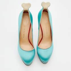 Charlotte Olympia Turquoise/Red Satin Josephine Platform Pumps Size 38