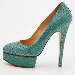 Charlotte Olympia Turquoise Blue Python Leather Priscilla Platform Pumps Size 38