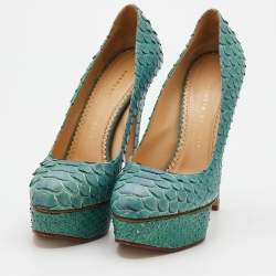 Charlotte Olympia Turquoise Blue Python Leather Priscilla Platform Pumps Size 38