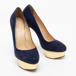 Pre Owned Charlotte Olympia Navy Blue Suede Dolly Platform Pumps Size 38