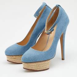 Pre Owned Charlotte Olympia Blue Denim Dolores Platform Ankle Strap Pumps Size 39