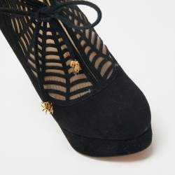 Charlotte Olympia Black Suede and Mesh Minerva Web Ankle Booties Size 37