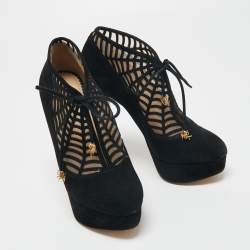 Charlotte Olympia Black Suede and Mesh Minerva Web Ankle Booties Size 37