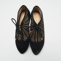 Charlotte Olympia Black Suede and Mesh Minerva Web Ankle Booties Size 37