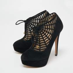 Charlotte Olympia Black Suede and Mesh Minerva Web Ankle Booties Size 37