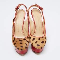 Charlotte Olympia Red/Brown Leopard Calf Hair And Leather Dolly Slingback Pumps Size 36.5